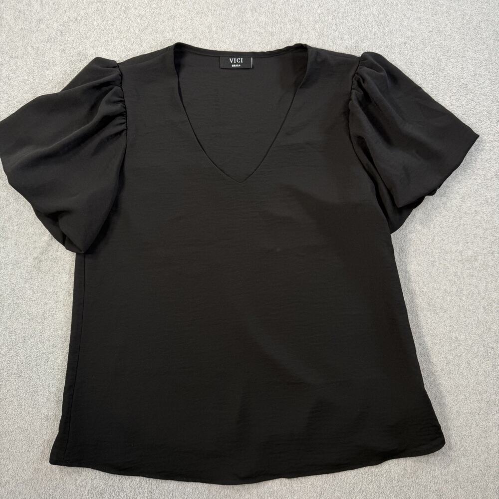 VICI Black Puff Sleeve V-Neck Blouse Women's Small Short Sleeve Made in USA